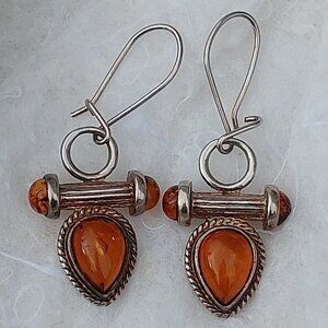 BEAUTIFUL Vintage Amber Drop Earrings Silver Bar Bell Detail